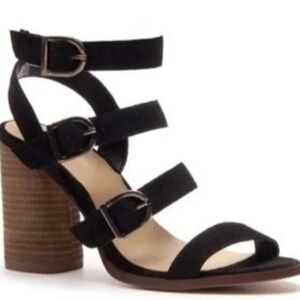 CREVO Women's Black Strappy Leather Sandals with wooden block heel